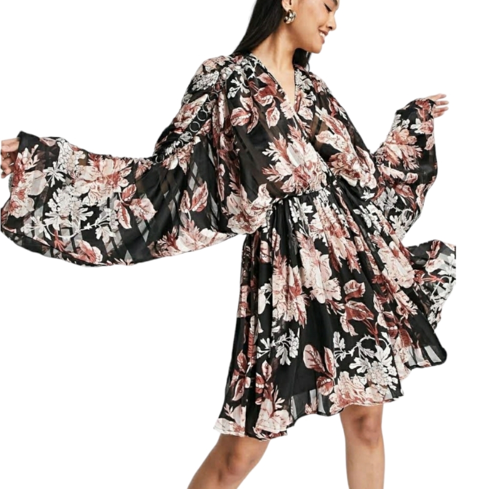 Asos Black Floral Stripe Long Sleeve Chiffon Dress -Size 18